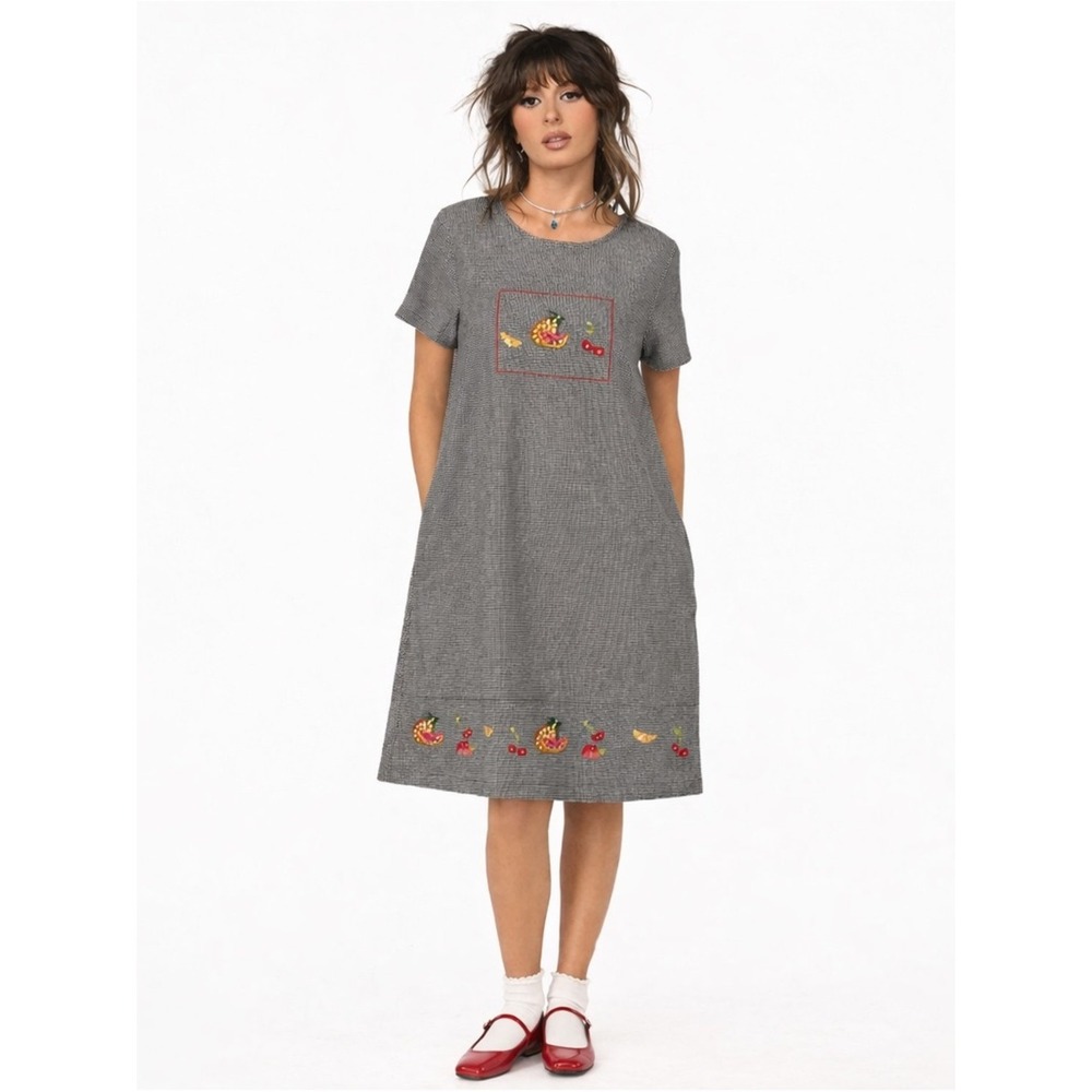 Jane‎ Ashley Embroidered Fruit Dress Cottagecore Picnic Midi M Y2K 90s kidcore